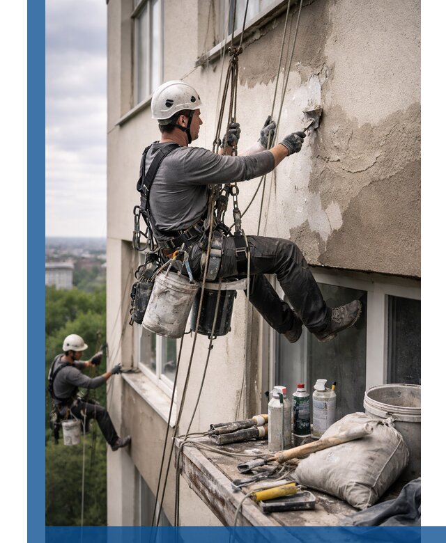 Косметический ремонт фасада зданий в Ноябрьске промышленными альпинистами