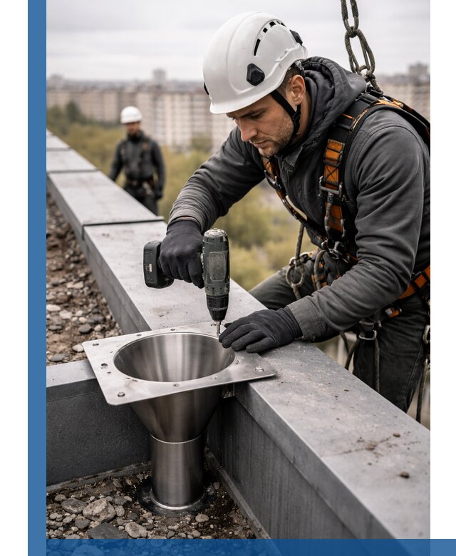 Монтаж водосточных воронок в Ноябрьске для промышленных зданий