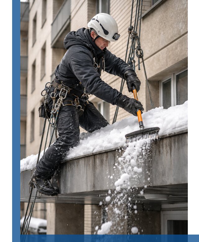 Очистка козырьков от снега в Ноябрьске круглогодично безопасно