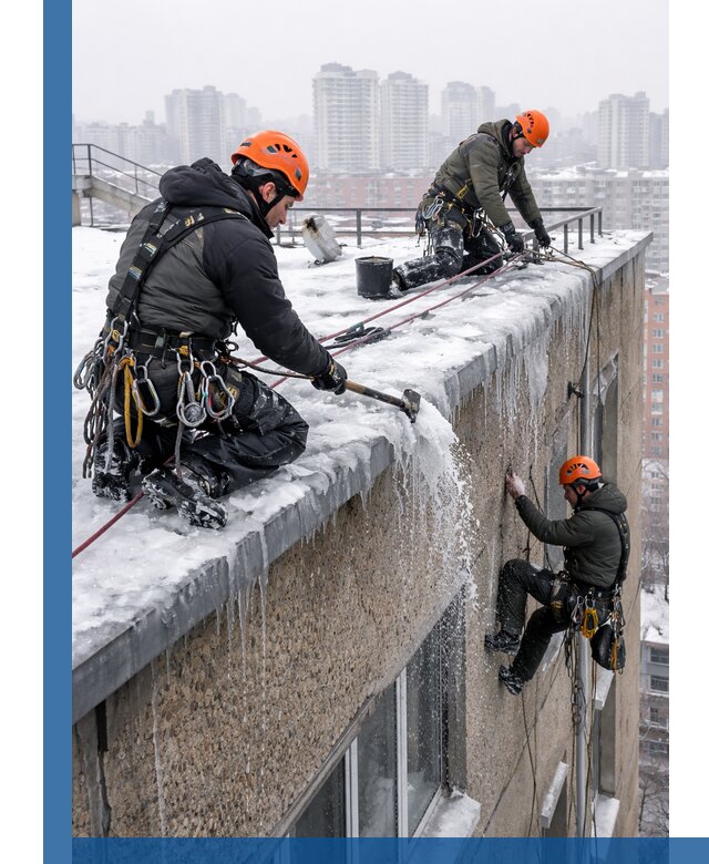 Удаление наледи с кровли в Ноябрьске промышленными альпинистами