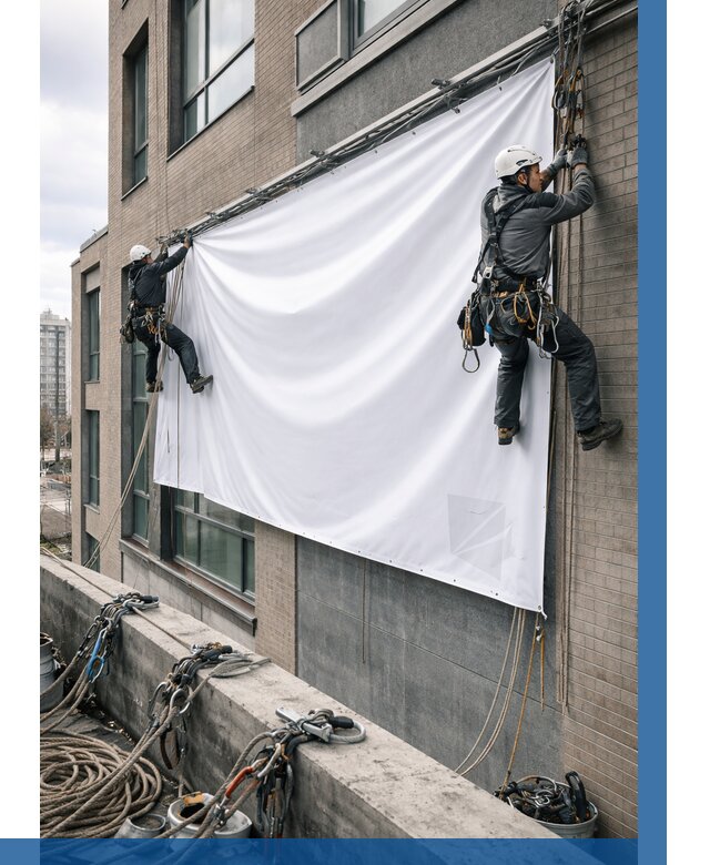 Монтаж баннеров на фасаде в Ноябрьске от 658 р. заказать ВЫСОТНИК-Нбс