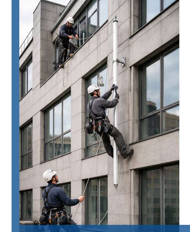 Монтаж флагштока на фасаде здания с креплением и герметикой в Ноябрьске