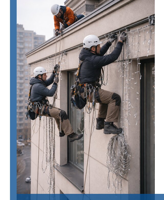 Монтаж праздничных гирлянд на фасаде в Ноябрьске для зданий