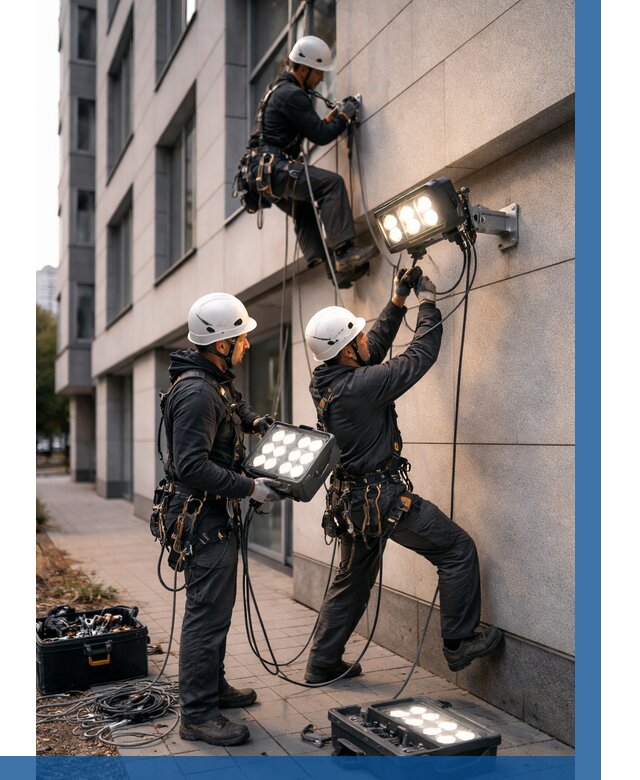 Монтаж прожекторов на фасаде в Ноябрьске от 7598 р. | ВЫСОТНИК-Нбс