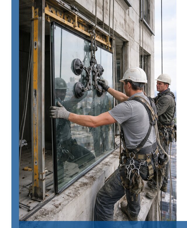 Монтаж стеклопакетов на высоте в Ноябрьске с промышленным альпинизмом