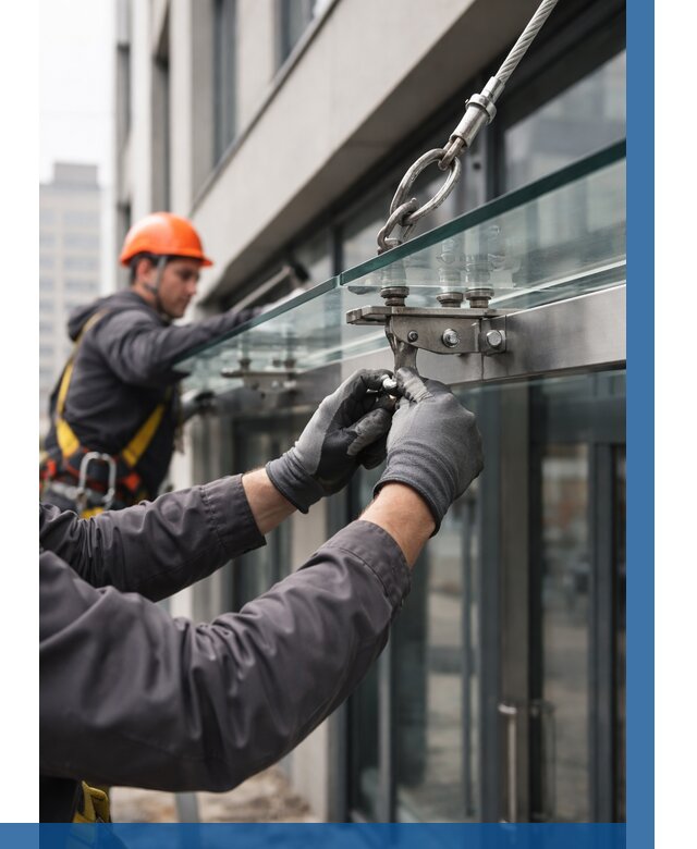 Монтаж стеклянных козырьков в Ноябрьске от 8611 р. | ВЫСОТНИК-Нбс