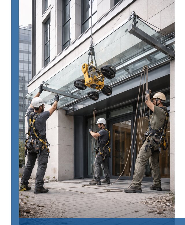 Монтаж стеклянных козырьков под ключ в Ноябрьске для зданий