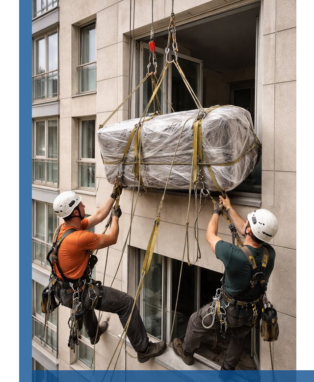 Подъем грузов через окно в Ноябрьске промышленными альпинистами