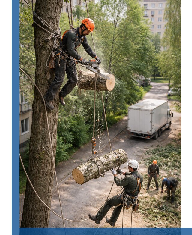 Спил деревьев альпинистами в Ноябрьске, безопасно и без повреждений